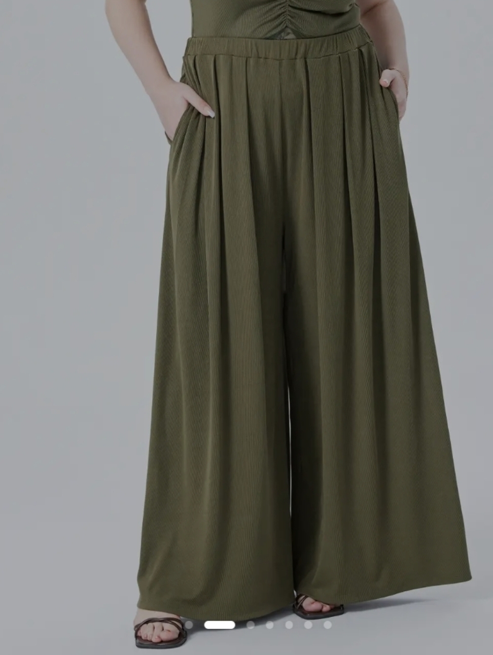 Cider Olive Ribbed Elastic Waist Wide Leg Pants - Olive - Picture 3 of 4